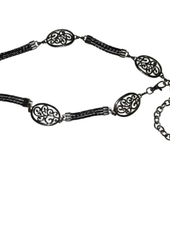 Unknown Accessories - Women's Black Braided Chain Silver Filigree Medallion Boho Adjustable Belt, 31-3